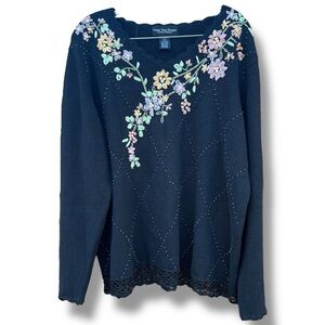 1990s Celina Yang Designs Floral Beaded Knit Sweater